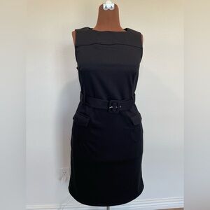 Classic Black Sleeveless Belted Sheath Dress